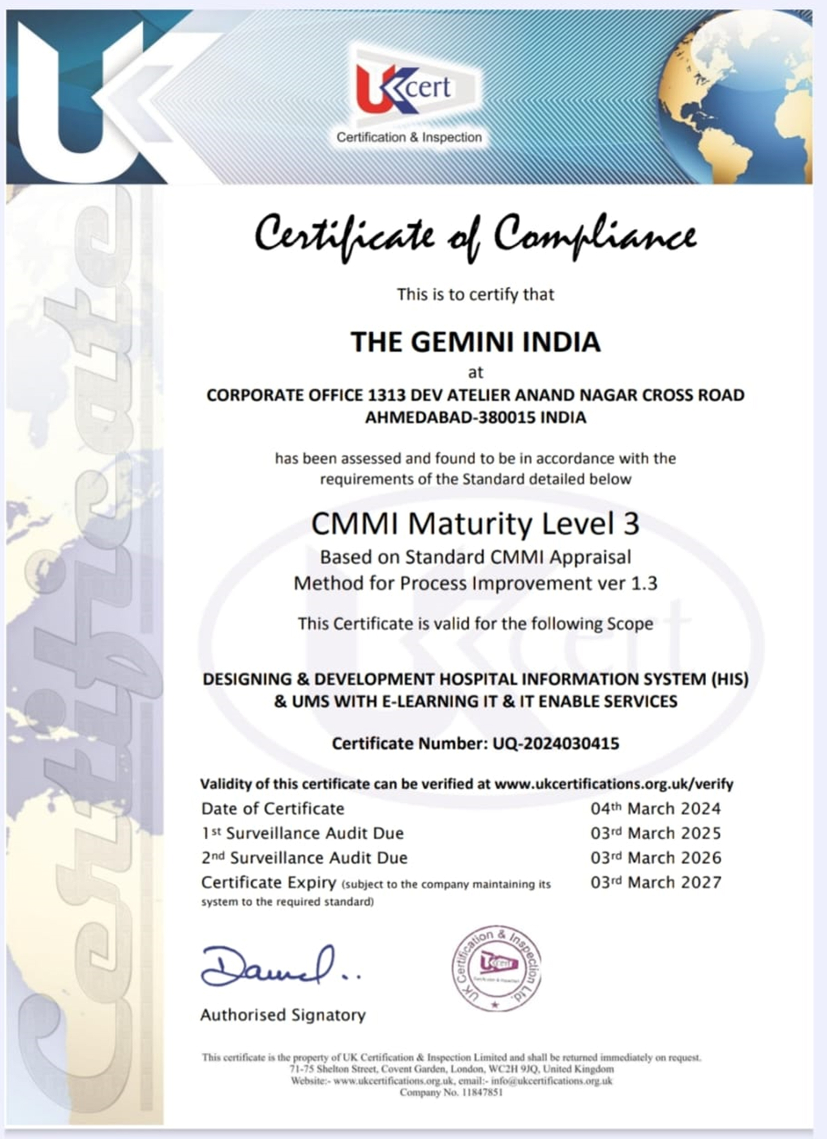The Gemini India CMMI Maturity Level 3 Process Excellence Certificate