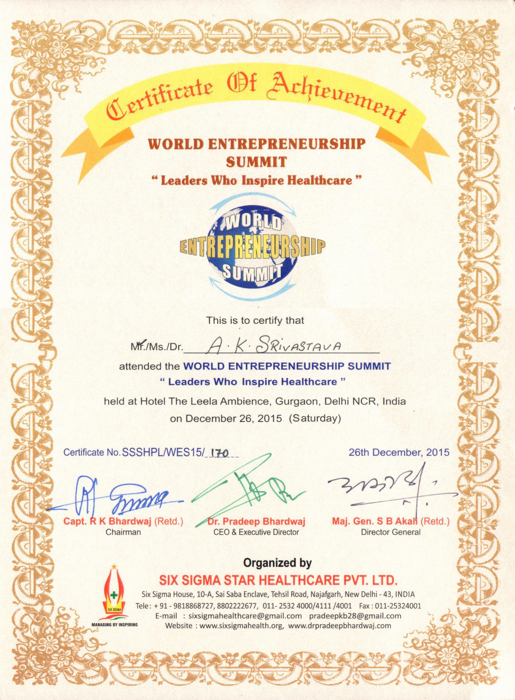 The Gemini India World Entrepreneurship Summit Healthcare Leadership Award 2015