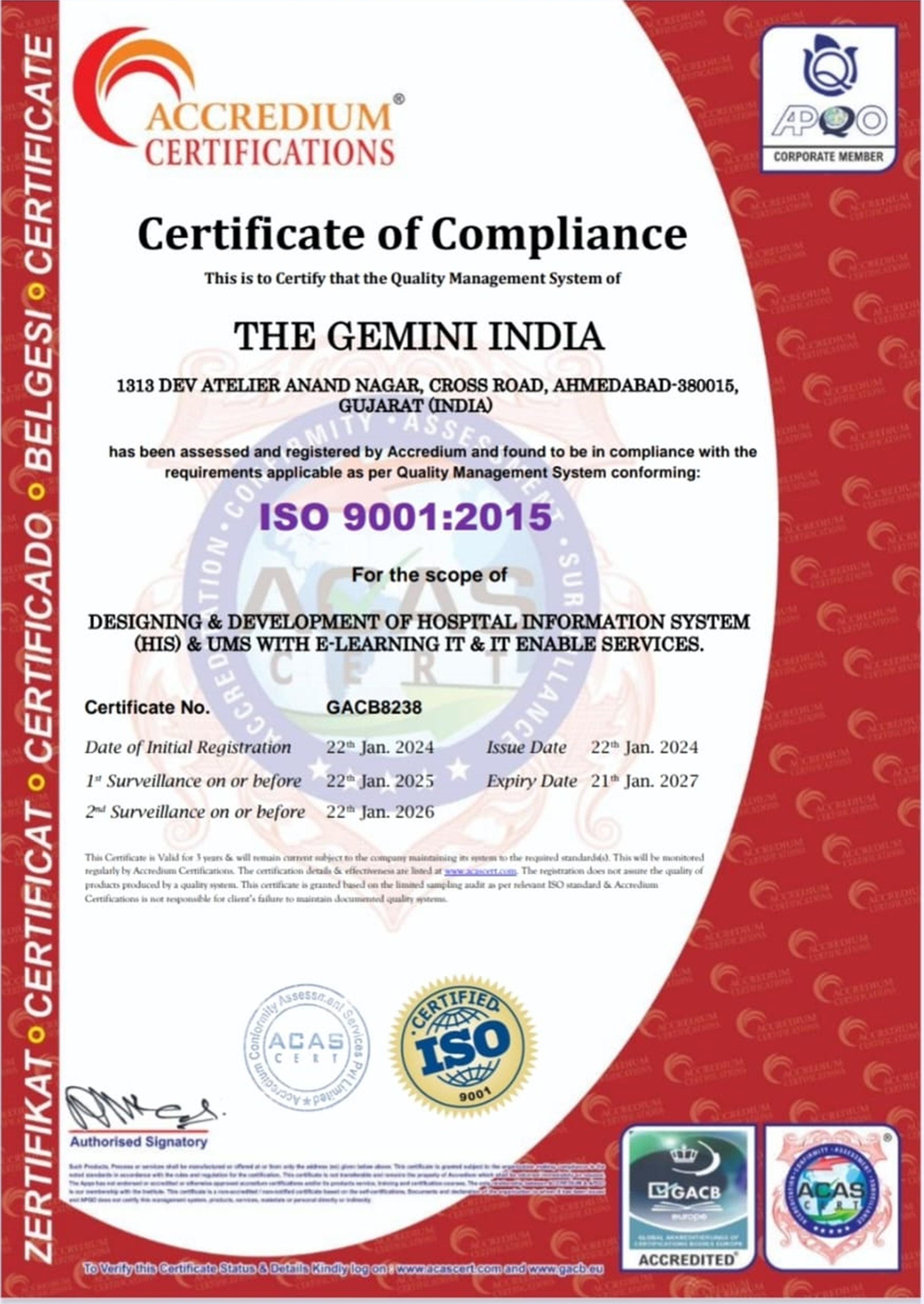 The Gemini India ISO 9001:2015 Quality Management System Certificate